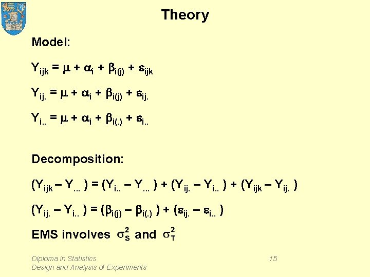 Theory Model: Yijk = m + ai + bi(j) + eijk Yij. = m