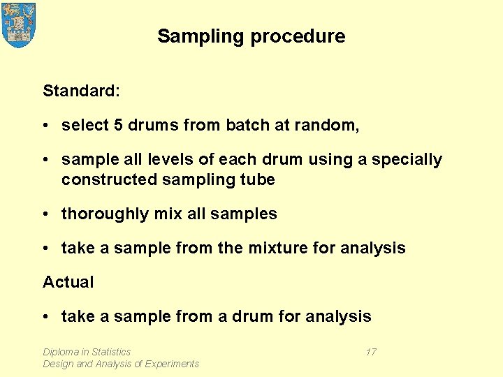 Sampling procedure Standard: • select 5 drums from batch at random, • sample all