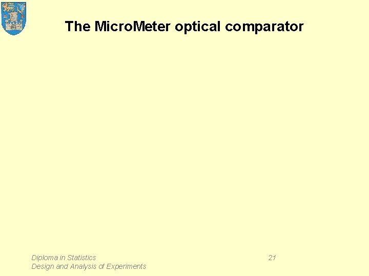 The Micro. Meter optical comparator Diploma in Statistics Design and Analysis of Experiments 21