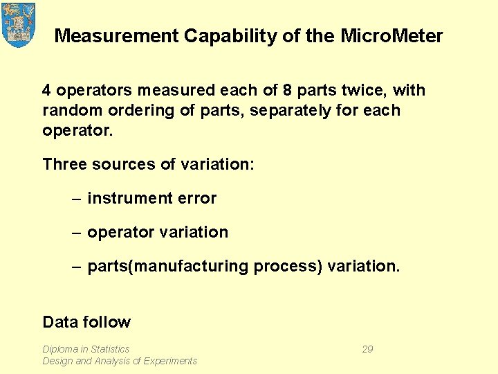 Measurement Capability of the Micro. Meter 4 operators measured each of 8 parts twice,