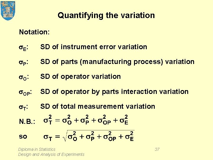 Quantifying the variation Notation: s. E : SD of instrument error variation s. P