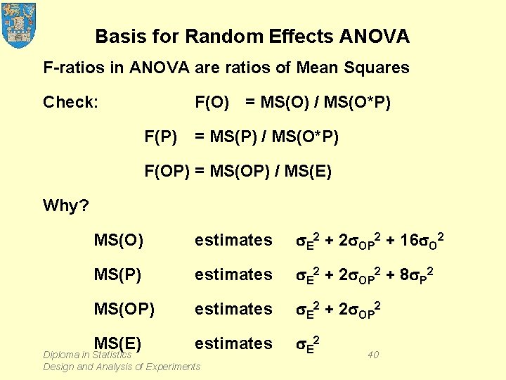 Basis for Random Effects ANOVA F-ratios in ANOVA are ratios of Mean Squares Check: