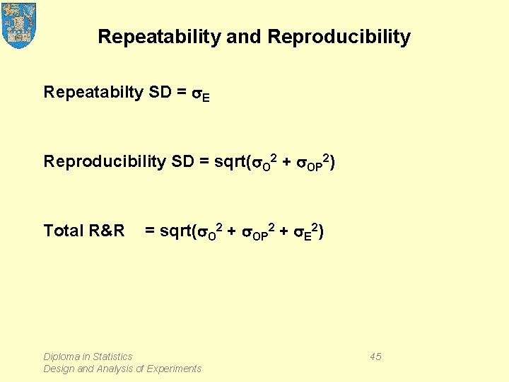 Repeatability and Reproducibility Repeatabilty SD = s. E Reproducibility SD = sqrt(s. O 2