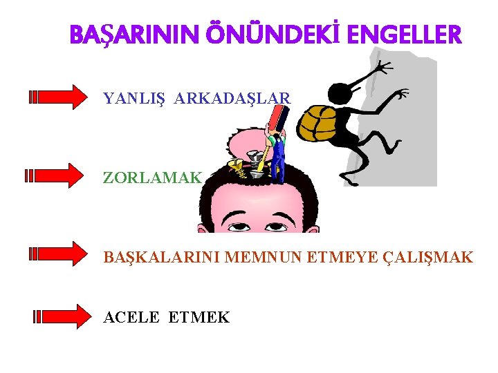 BAŞARININ ÖNÜNDEKİ ENGELLER YANLIŞ ARKADAŞLAR ZORLAMAK BAŞKALARINI MEMNUN ETMEYE ÇALIŞMAK ACELE ETMEK 