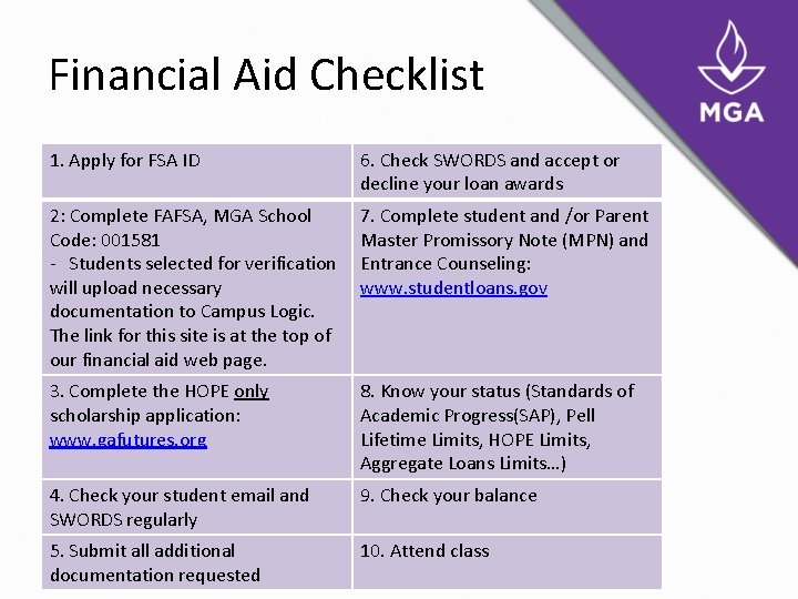 Financial Aid Checklist 1. Apply for FSA ID 6. Check SWORDS and accept or Financial Aid Checklist 1. Apply for FSA ID 6. Check SWORDS and accept or