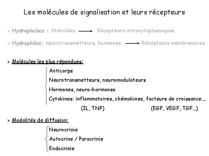 Les molécules de signalisation et leurs récepteurs Ø Hydrophobes : Stéroïdes Récepteurs intracytoplasmiques Ø