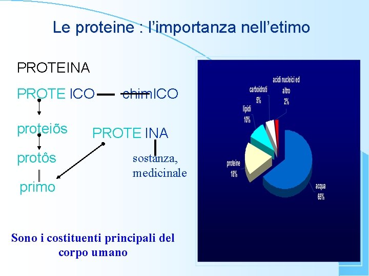 Le proteine : l’importanza nell’etimo PROTEINA PROTE ICO proteiõs protôs primo chim. ICO PROTE