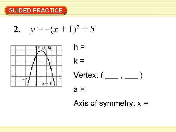 GUIDED PRACTICE 2. y = –(x + 1)2 + 5 h= k= Vertex: (