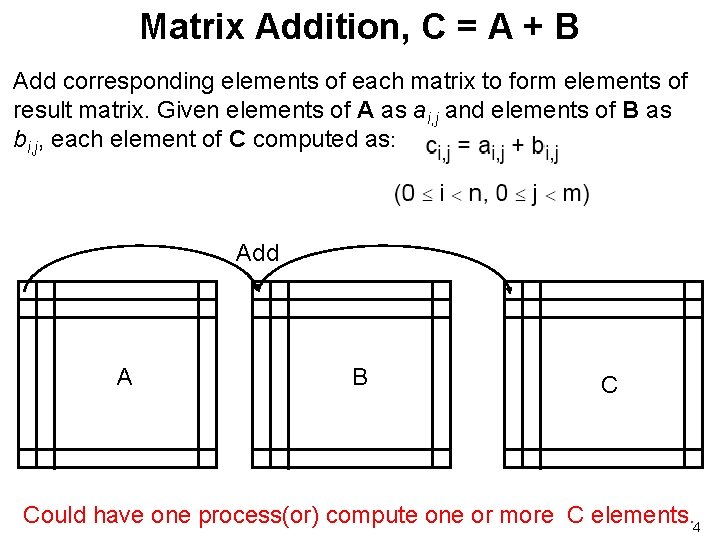 Matrix Addition, C = A + B Add corresponding elements of each matrix to