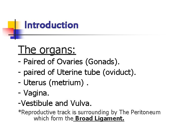 Introduction The organs: - Paired of Ovaries (Gonads). - paired of Uterine tube (oviduct).
