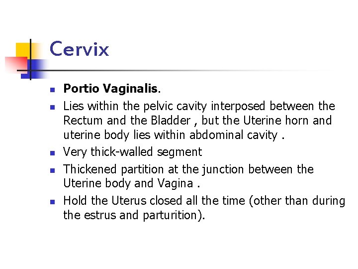 Cervix n n n Portio Vaginalis. Lies within the pelvic cavity interposed between the