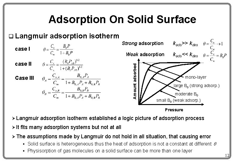 Adsorption On Solid Surface q Langmuir adsorption isotherm case I kads>> kdes Weak adsorption