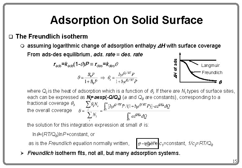 Adsorption On Solid Surface The Freundlich isotherm m assuming logarithmic change of adsorption enthalpy
