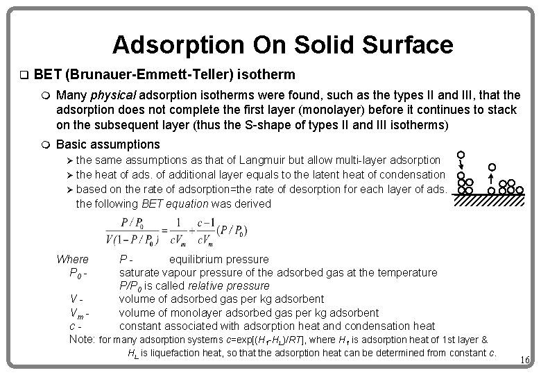 Adsorption On Solid Surface q BET (Brunauer-Emmett-Teller) isotherm m Many physical adsorption isotherms were