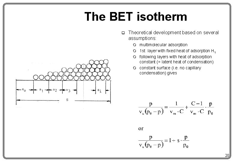 The BET isotherm q Theoretical development based on several assumptions: m multimolecular adsorption OT