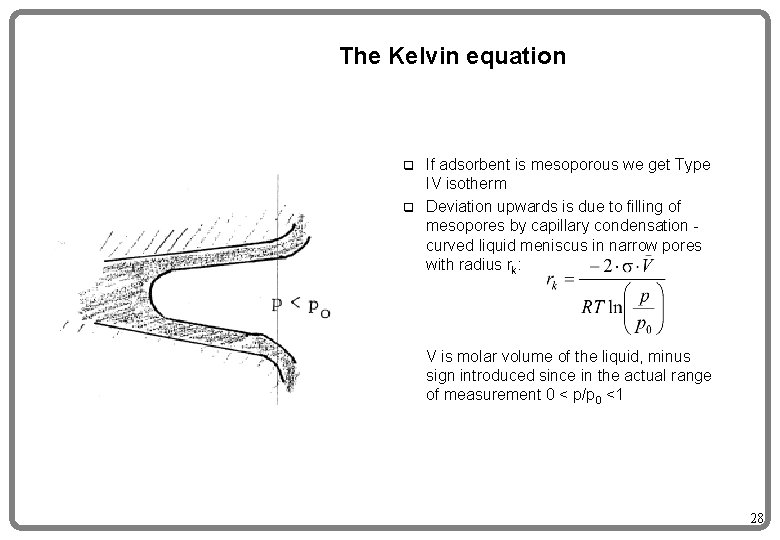 The Kelvin equation If adsorbent is mesoporous we get Type IV isotherm q Deviation