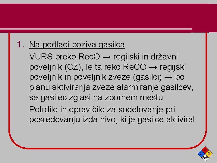 1. Na podlagi poziva gasilca VURS preko Rec. O → regijski in državni poveljnik