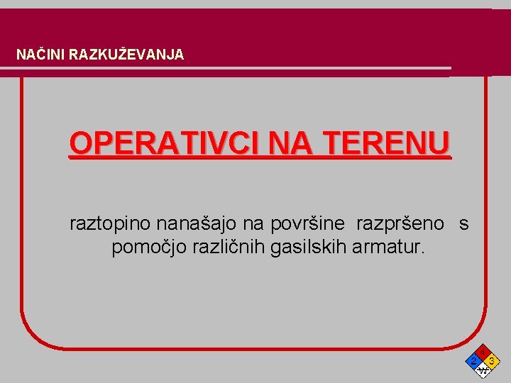 NAČINI RAZKUŽEVANJA OPERATIVCI NA TERENU raztopino nanašajo na površine razpršeno s pomočjo različnih gasilskih