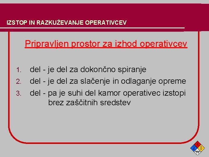 IZSTOP IN RAZKUŽEVANJE OPERATIVCEV Pripravljen prostor za izhod operativcev 1. 2. 3. del -