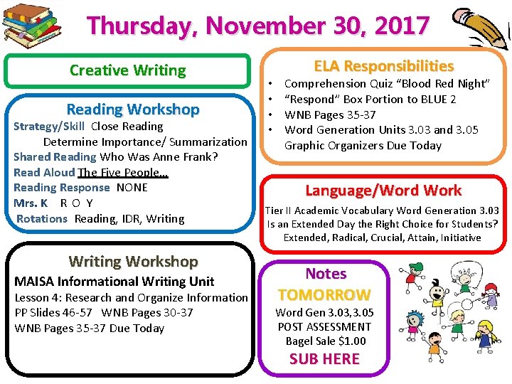 Thursday, November 30, 2017 Creative Writing Reading Workshop Strategy/Skill Close Reading Determine Importance/ Summarization