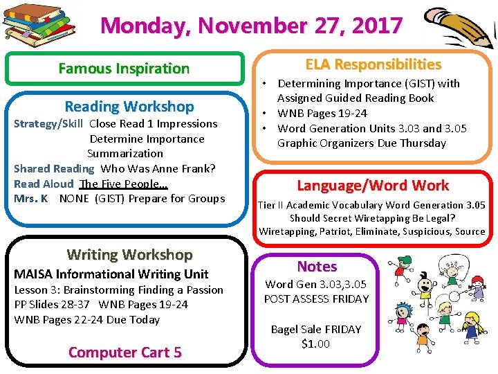 Monday, November 27, 2017 Famous Inspiration Reading Workshop Strategy/Skill Close Read 1 Impressions Determine