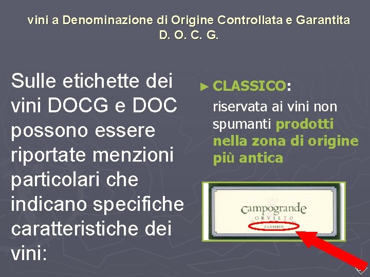 vini a Denominazione di Origine Controllata e Garantita D. O. C. G. Sulle etichette vini a Denominazione di Origine Controllata e Garantita D. O. C. G. Sulle etichette