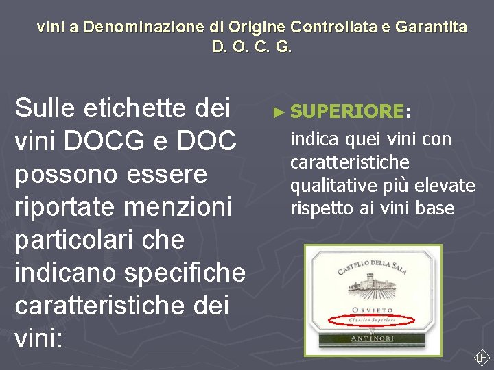 vini a Denominazione di Origine Controllata e Garantita D. O. C. G. Sulle etichette vini a Denominazione di Origine Controllata e Garantita D. O. C. G. Sulle etichette