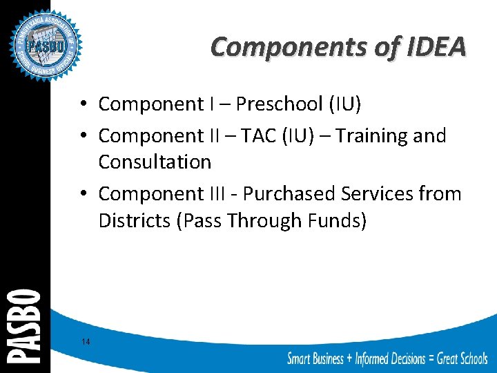 Components of IDEA • Component I – Preschool (IU) • Component II – TAC