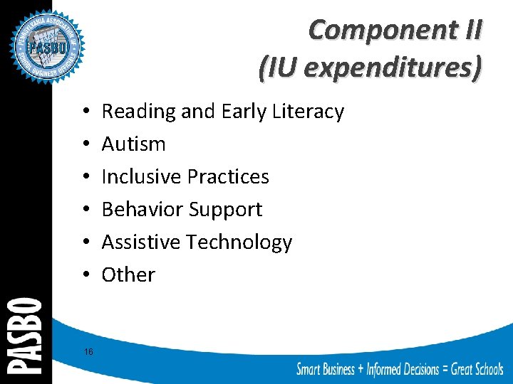 Component II (IU expenditures) • • • 16 Reading and Early Literacy Autism Inclusive