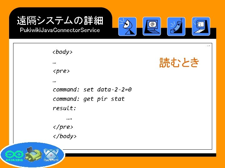 遠隔システムの詳細 Pukiwiki. Java. Connector. Service …. <body> … <pre> … command: set data-2 -2=0