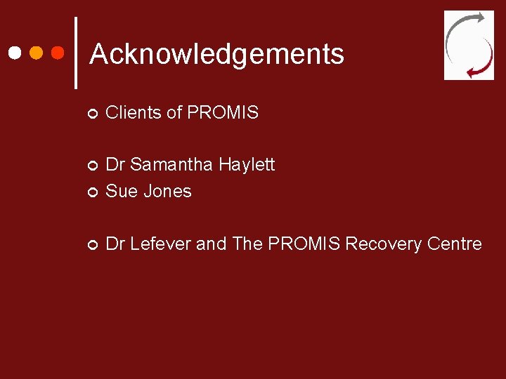 Acknowledgements ¢ Clients of PROMIS ¢ ¢ Dr Samantha Haylett Sue Jones ¢ Dr