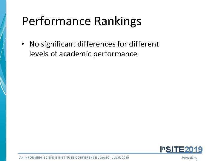 Performance Rankings • No significant differences for different levels of academic performance In. SITE Performance Rankings • No significant differences for different levels of academic performance In. SITE