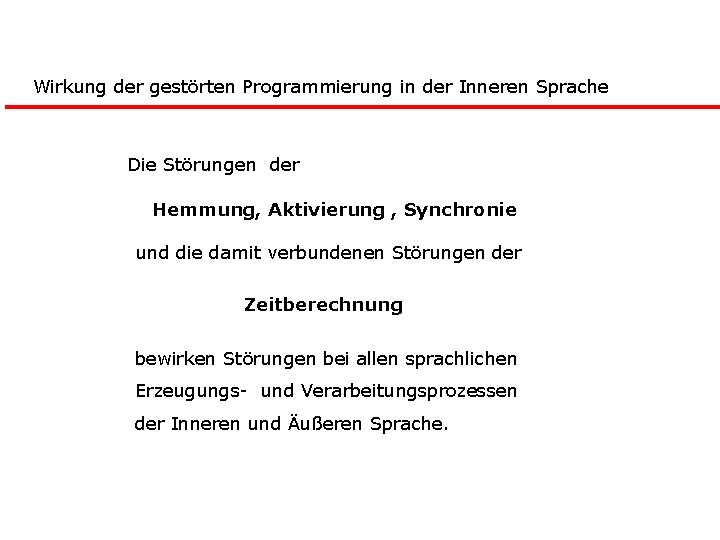 Wirkung der gestörten Programmierung in der Inneren Sprache Die Störungen der Hemmung, Aktivierung ,