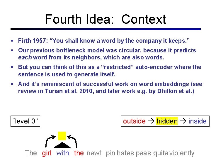 Fourth Idea: Context Firth 1957: “You shall know a word by the company it