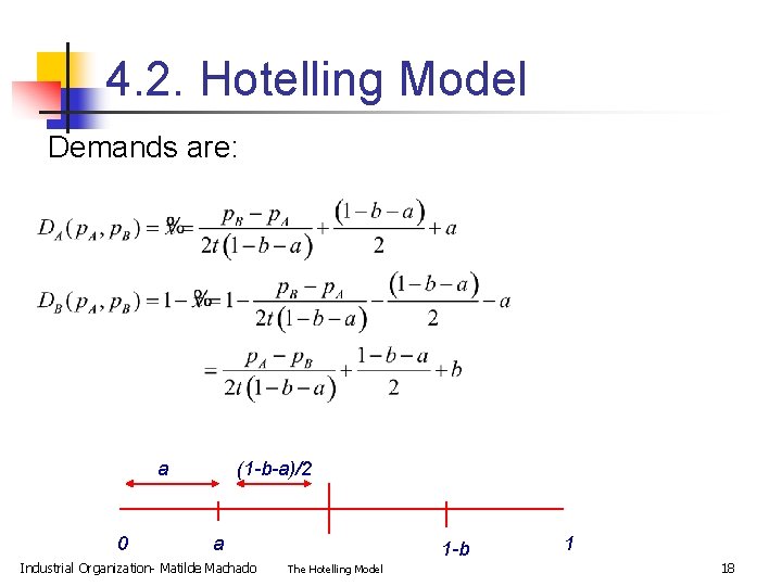 4. 2. Hotelling Model Demands are: a 0 (1 -b-a)/2 a Industrial Organization- Matilde