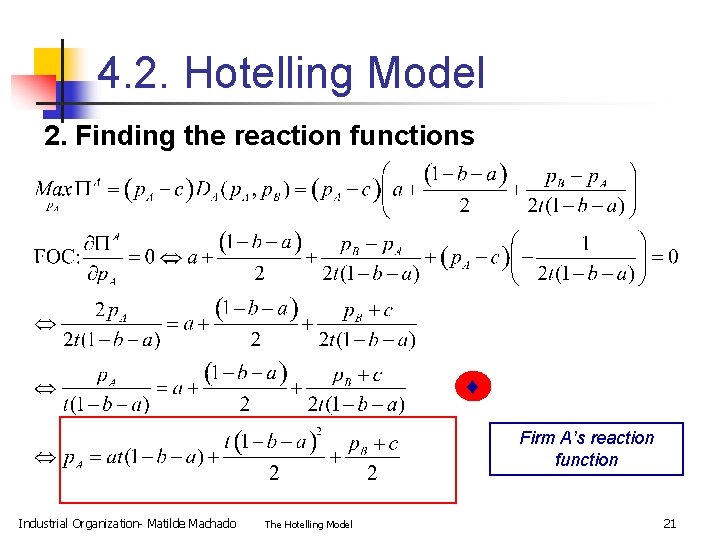 4. 2. Hotelling Model 2. Finding the reaction functions Firm A’s reaction function Industrial