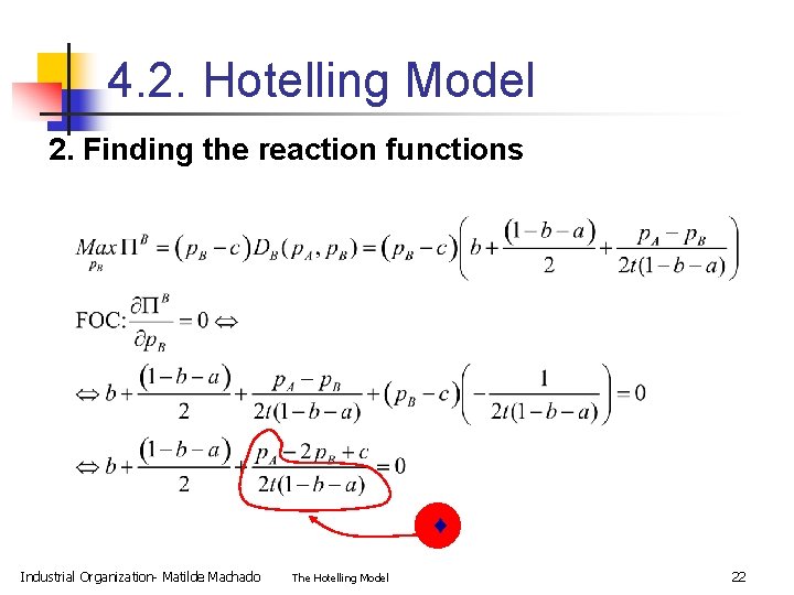 4. 2. Hotelling Model 2. Finding the reaction functions Industrial Organization- Matilde Machado The