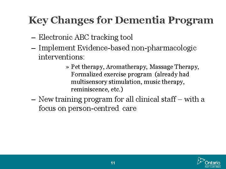 Key Changes for Dementia Program – Electronic ABC tracking tool – Implement Evidence-based non-pharmacologic