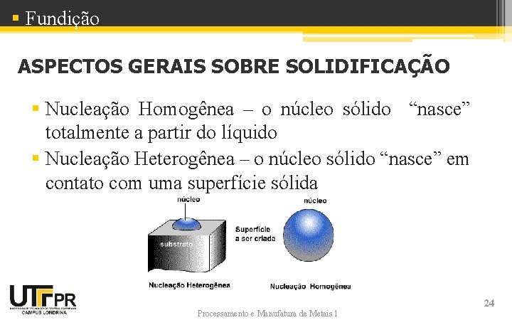 § Fundição ASPECTOS GERAIS SOBRE SOLIDIFICAÇÃO § Nucleação Homogênea – o núcleo sólido “nasce”