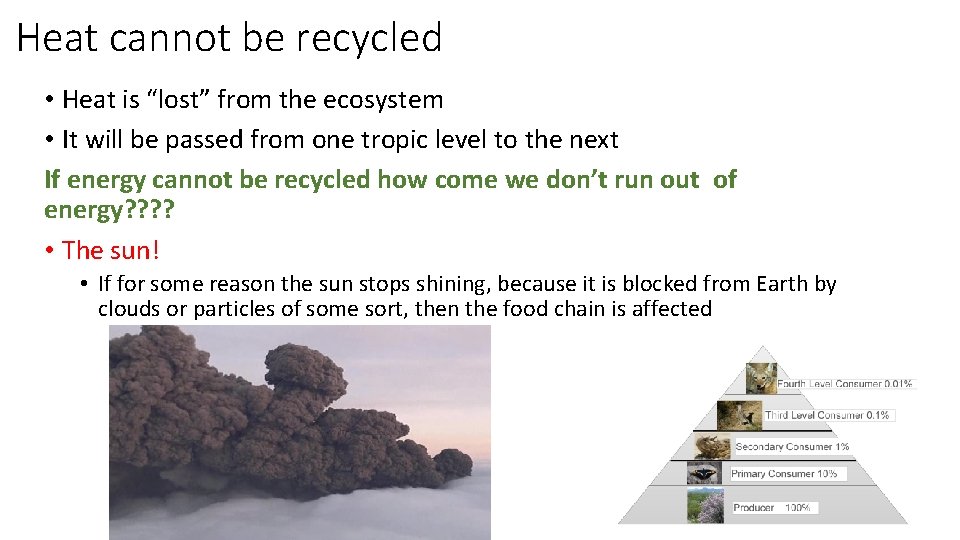 Heat cannot be recycled • Heat is “lost” from the ecosystem • It will