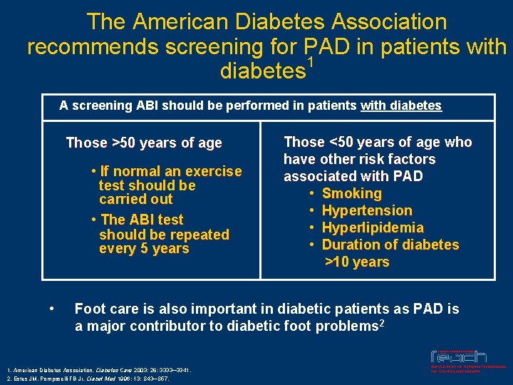 The American Diabetes Association recommends screening for PAD in patients with 1 diabetes A