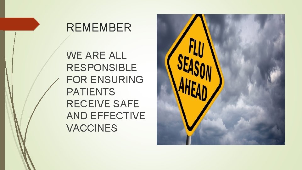 REMEMBER WE ARE ALL RESPONSIBLE FOR ENSURING PATIENTS RECEIVE SAFE AND EFFECTIVE VACCINES REMEMBER WE ARE ALL RESPONSIBLE FOR ENSURING PATIENTS RECEIVE SAFE AND EFFECTIVE VACCINES
