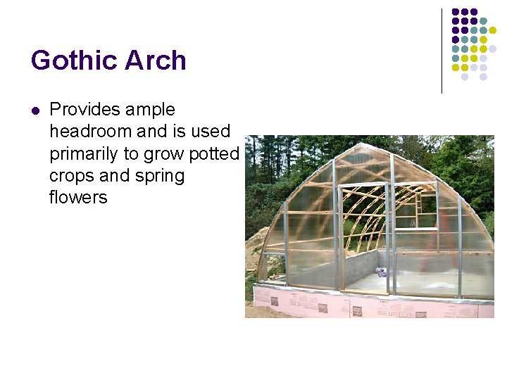 Gothic Arch l Provides ample headroom and is used primarily to grow potted crops