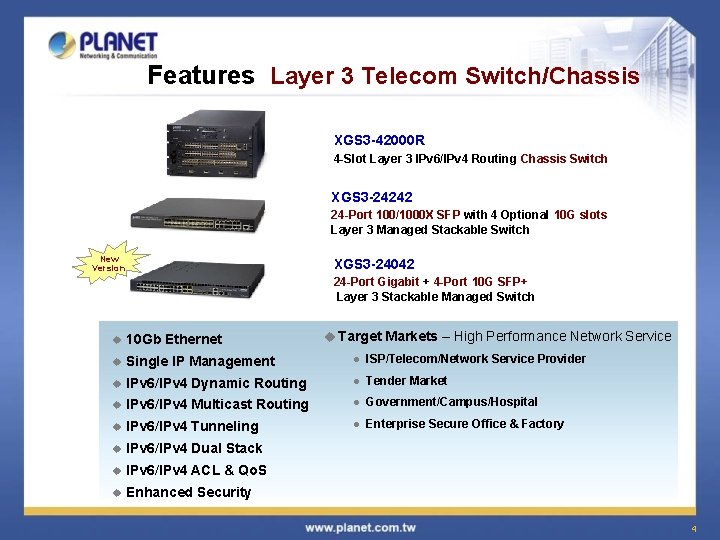 Features Layer 3 Telecom Switch/Chassis XGS 3 -42000 R 4 -Slot Layer 3 IPv