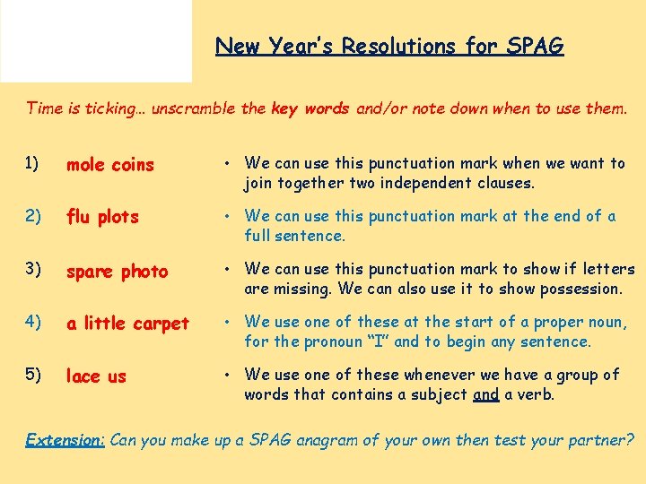 New Year’s Resolutions for SPAG Time is ticking… unscramble the key words and/or note