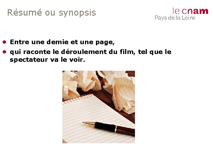 Résumé ou synopsis ● Entre une demie et une page, ● qui raconte le