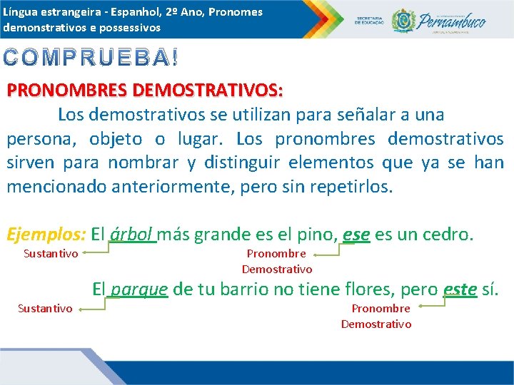 Língua estrangeira - Espanhol, 2º Ano, Pronomes demonstrativos e possessivos ¡COMPRUEBA! PRONOMBRES DEMOSTRATIVOS: Los