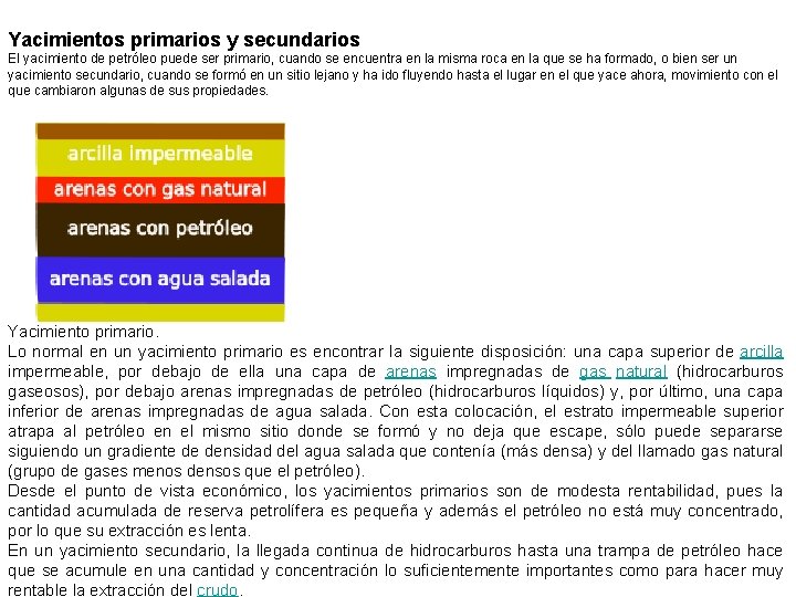 Yacimientos primarios y secundarios El yacimiento de petróleo puede ser primario, cuando se encuentra