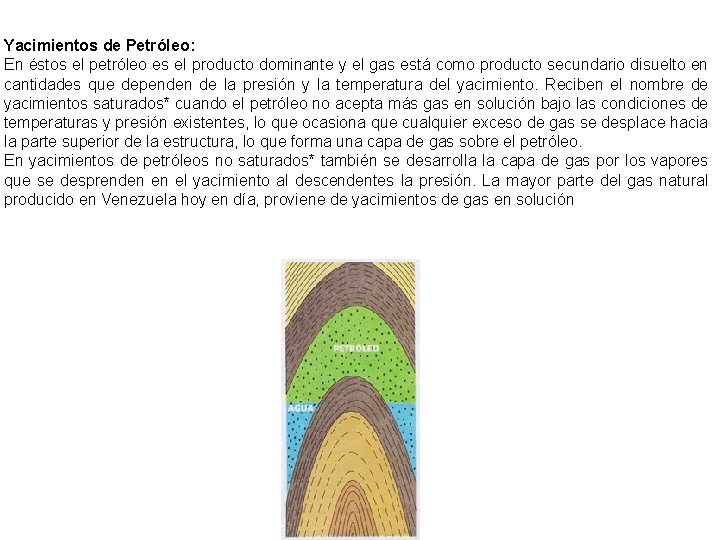 Yacimientos de Petróleo: En éstos el petróleo es el producto dominante y el gas