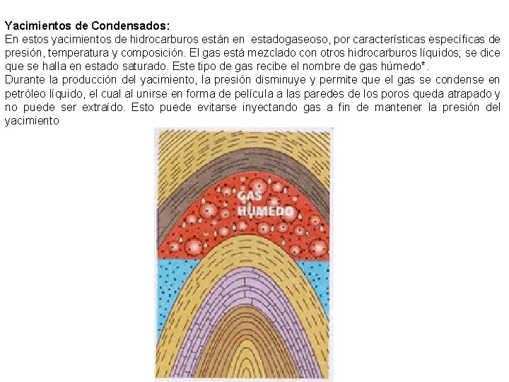 Yacimientos de Condensados: En estos yacimientos de hidrocarburos están en estadogaseoso, por características específicas